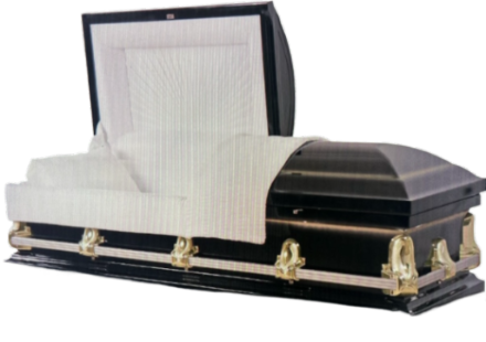 Clair Series Black and Gold casket — gold 20-gauge steel with white crepe interior