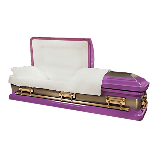 Orion Series Lilac Gold casket — purple 18-gauge steel with white velvet interior