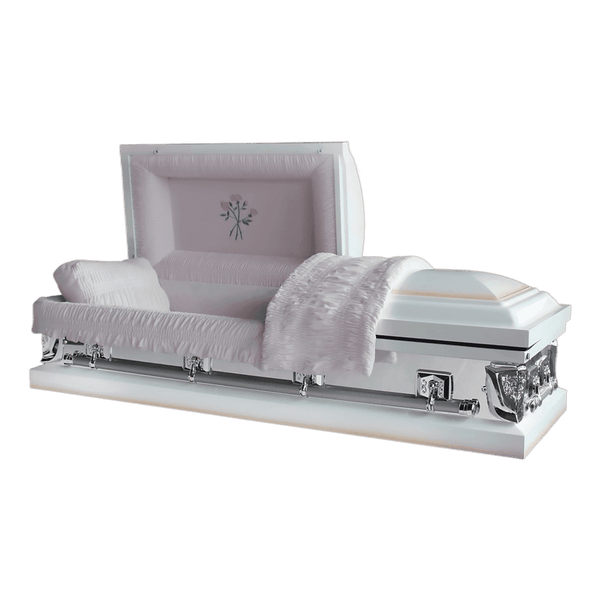 Orion Series Mirror Pink casket — white 18-gauge steel with pink velvet interior