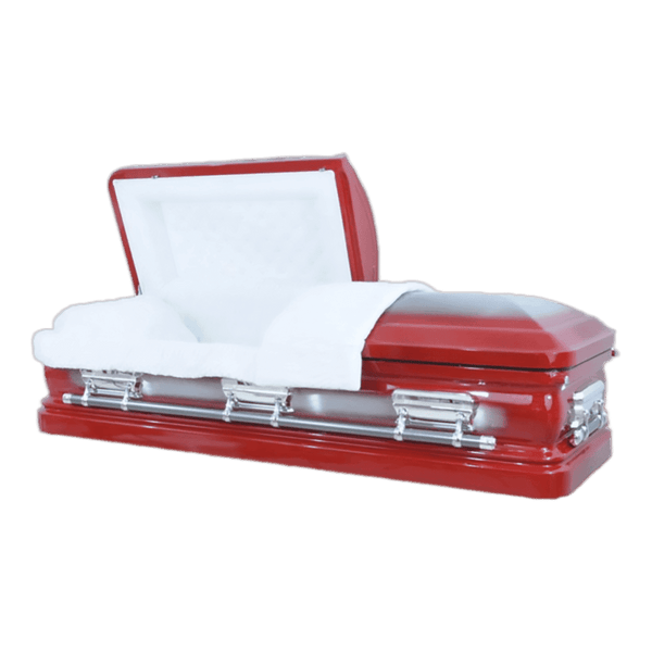 Orion Series Red casket — red 18-gauge steel with white velvet interior