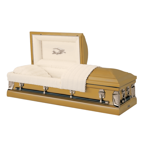 Batesville Cortez Gold Casket — gold 20-gauge steel with rosetan crepe interior