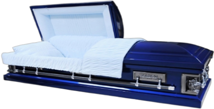 Blue Last Supper/Pieta casket — blue 18-gauge steel with light blue velvet interior
