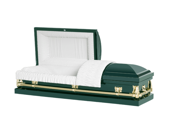 Clair Green casket — green 20-gauge steel with white crepe interior