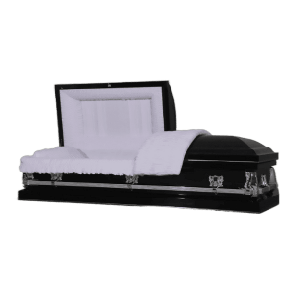 Clair Series Black casket — black 20-gauge steel with white crepe interior