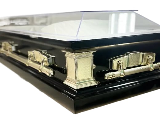 Clear Casket Black and Gold — white velvet interior