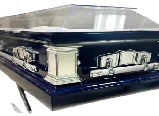Clear Casket Navy Blue — white velvet interior