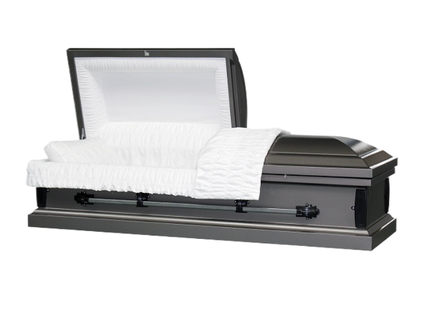Cosmos Series Gray casket — gray 20-gauge steel with white crepe interior