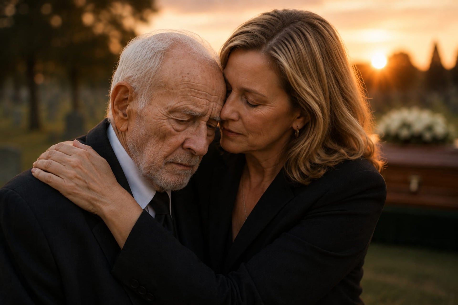 A man and a woman holding each other at a graveside at sunset