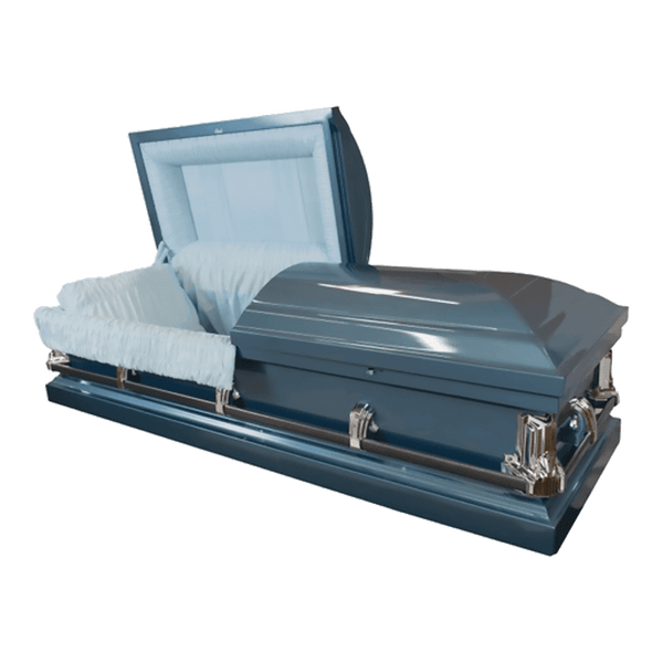 The Forever Series Baby Blue casket — blue 20-gauge steel with white crepe interior