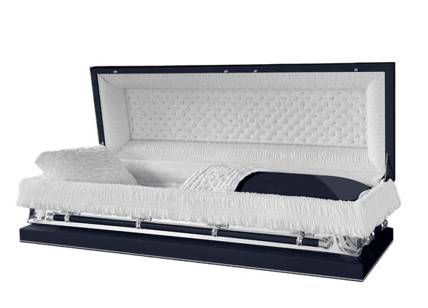 Galaxy Neo Full Couch casket — navy blue 20-gauge steel with white crepe interior