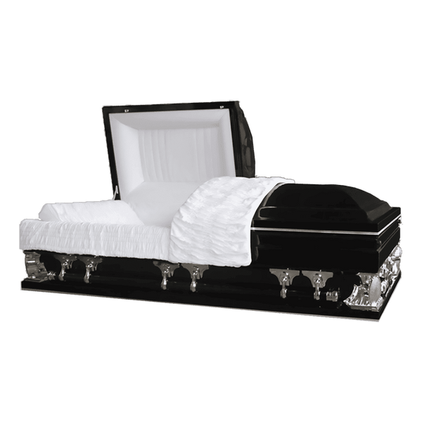 Gemini Series Black casket — black 18-gauge steel with white velvet interior