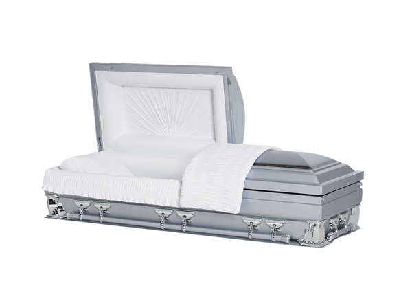 Gemini Series Silver casket — silver 18-gauge steel with white velvet interior