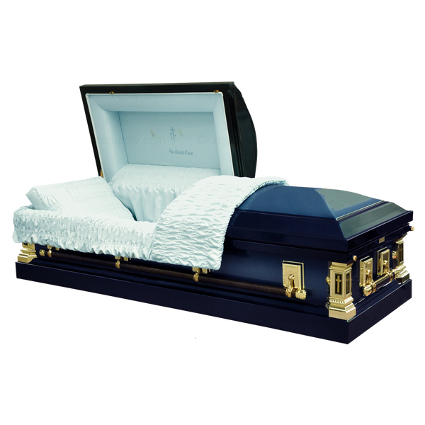In Gods Care casket — blue 18-gauge steel with velvet interior