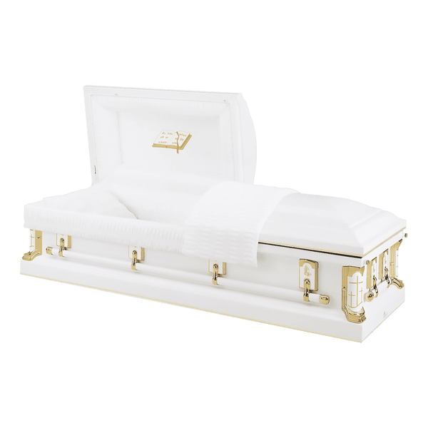 Batesville Gold Cross Casket — white 18-gauge steel with ivory crepe interior