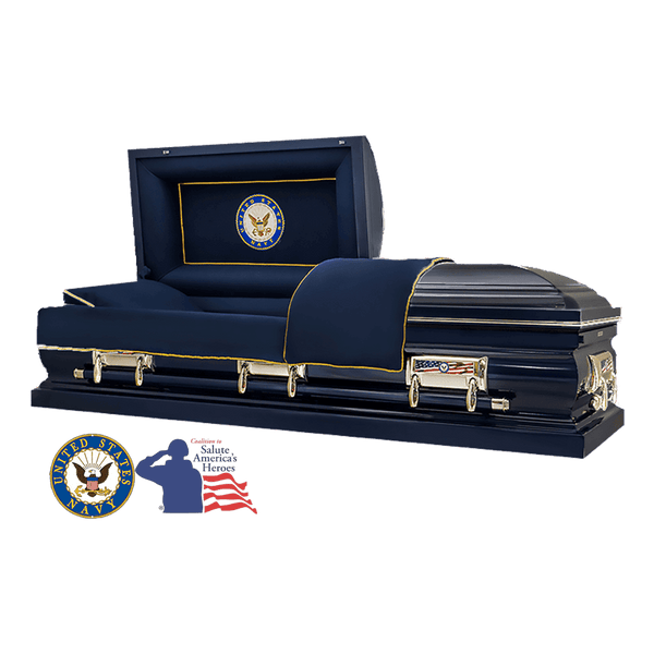 The Hero Neo Navy casket — blue 18-gauge steel with blue velvet interior