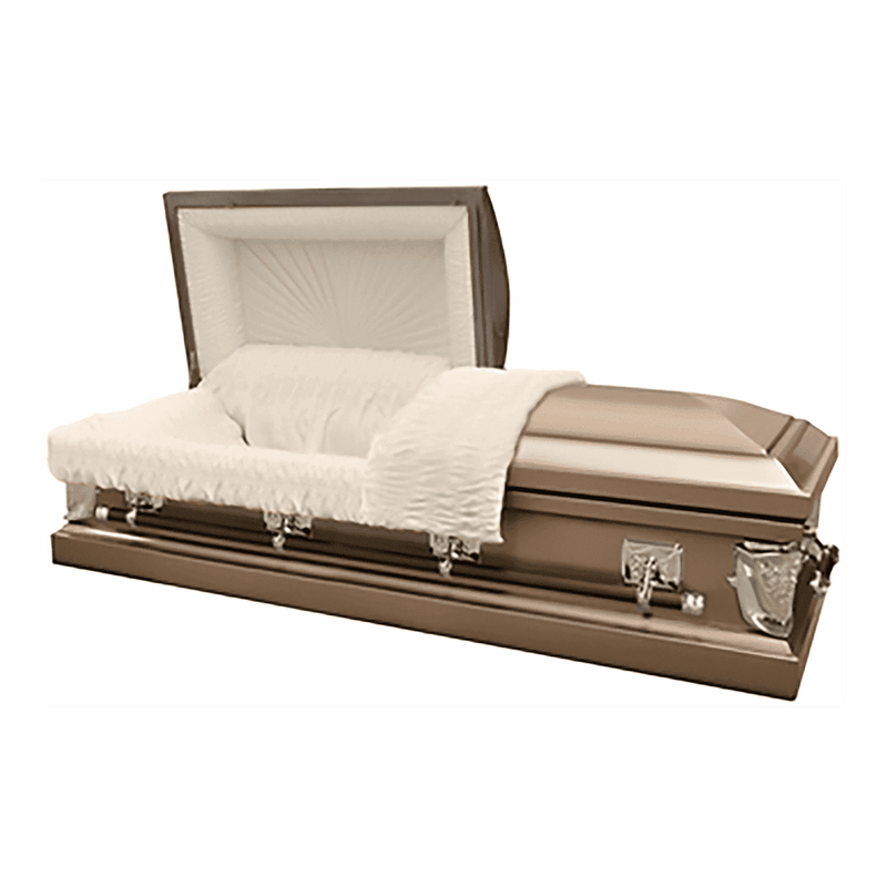 Infinite Gold casket — bronze 20-gauge steel with ivory crepe interior