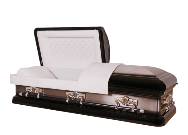 Mars Midnight casket — black 18-gauge steel with white velvet interior