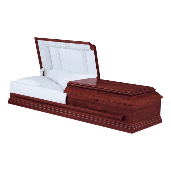 Mason Cherry Cremation Casket — solid cherry with blue crepe interior