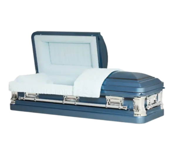 Delta Series Light Blue casket — blue 18-gauge steel with blue velvet interior