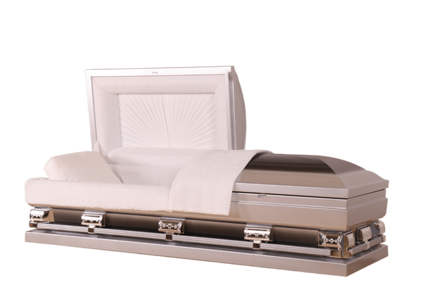 Mercury Series Ebony casket — tan 20-gauge steel with white crepe interior
