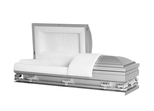 Mercury Series Silver casket — silver 20-gauge steel with white crepe interior