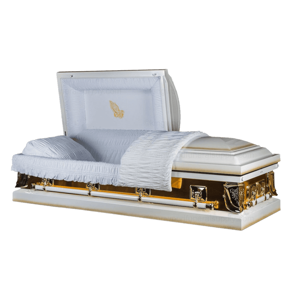 Mirror Gold Metal Casket — gold 18-gauge steel with white velvet interior