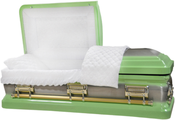 Orion Series Lime Green casket — green 18-gauge steel with white velvet interior