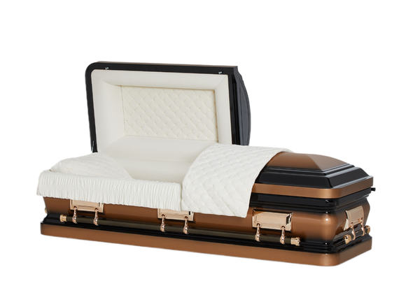 Orion Series Olympia casket — black 18-gauge steel with ivory velvet interior