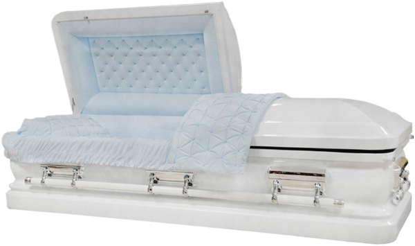 Orion Series White/Blue casket — white 18-gauge steel with light blue velvet interior