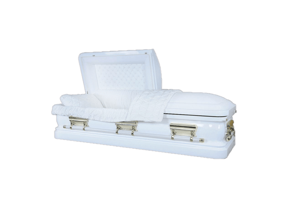 Orion Series White/Gold casket — white 18-gauge steel with white velvet interior