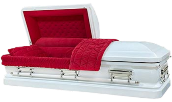 Orion Series White/Red casket — white 18-gauge steel with red velvet interior