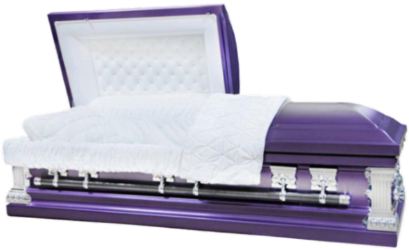 Roman Series Purple/Silver Accents casket — purple 18-gauge steel with white velvet interior