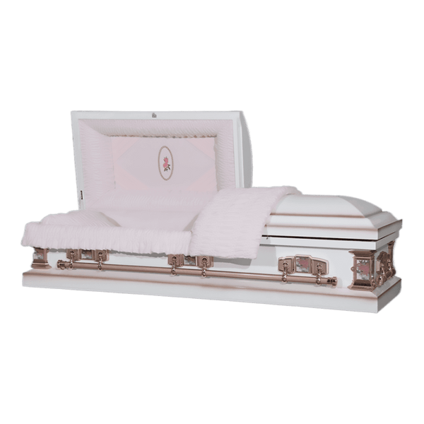 The Icon Series White Rose casket — white 20-gauge steel with pink crepe interior