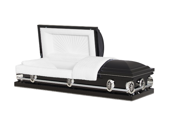 The Cambridge Series Black casket — black 20-gauge steel with white crepe interior