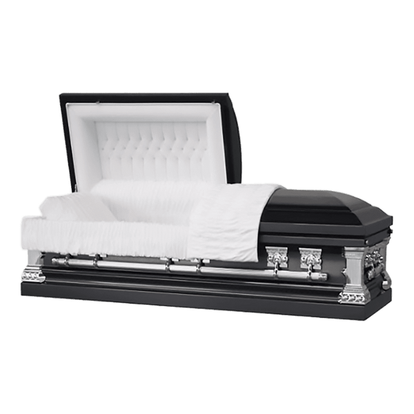 The Greyson Stainless Steel casket — black stainless steel with white velvet interior