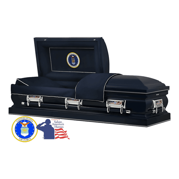The Hero Airforce casket — navy blue 18-gauge steel with dark blue velvet interior
