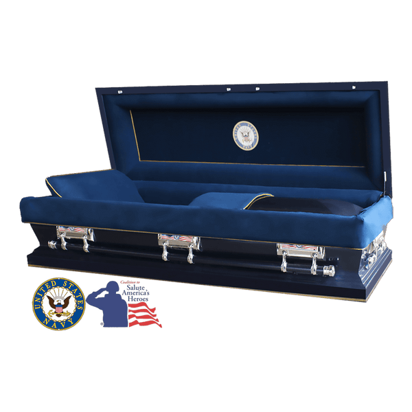 The Hero Neo Navy Full Couch casket — blue 18-gauge steel with blue velvet interior