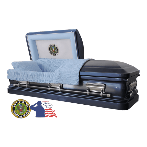 The Hero UC Blue National Guard casket — blue 18-gauge steel with blue velvet interior