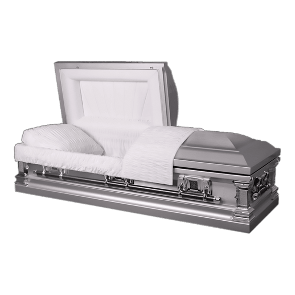 The Regal Stainless Steel casket — silver stainless steel with pearl velvet interior