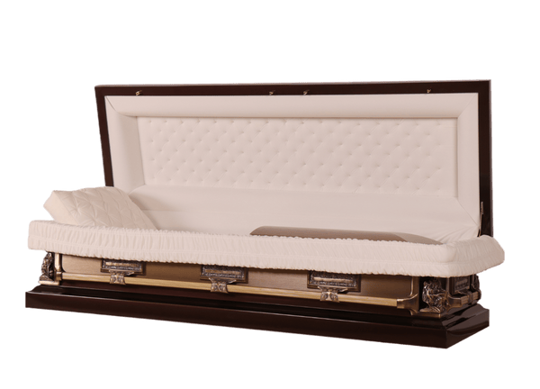 Venus Pieta Full Couch casket — bronze 18-gauge steel with ivory velvet interior