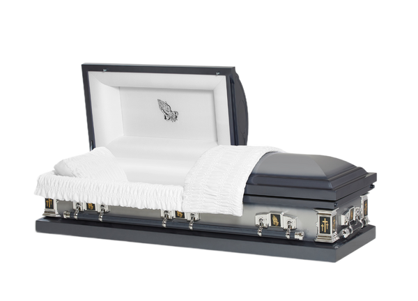 Jupiter Series Blue Cross casket — blue 20-gauge steel with white crepe interior