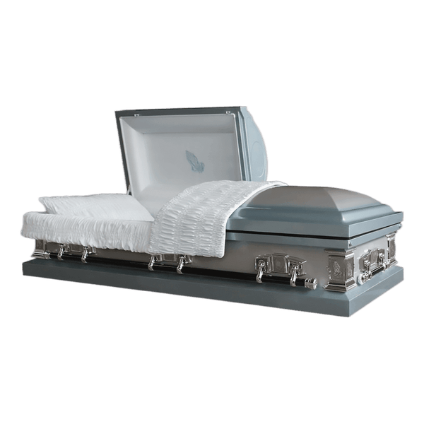 Jupiter Series Blue Mist casket — silver 20-gauge steel with blue crepe interior