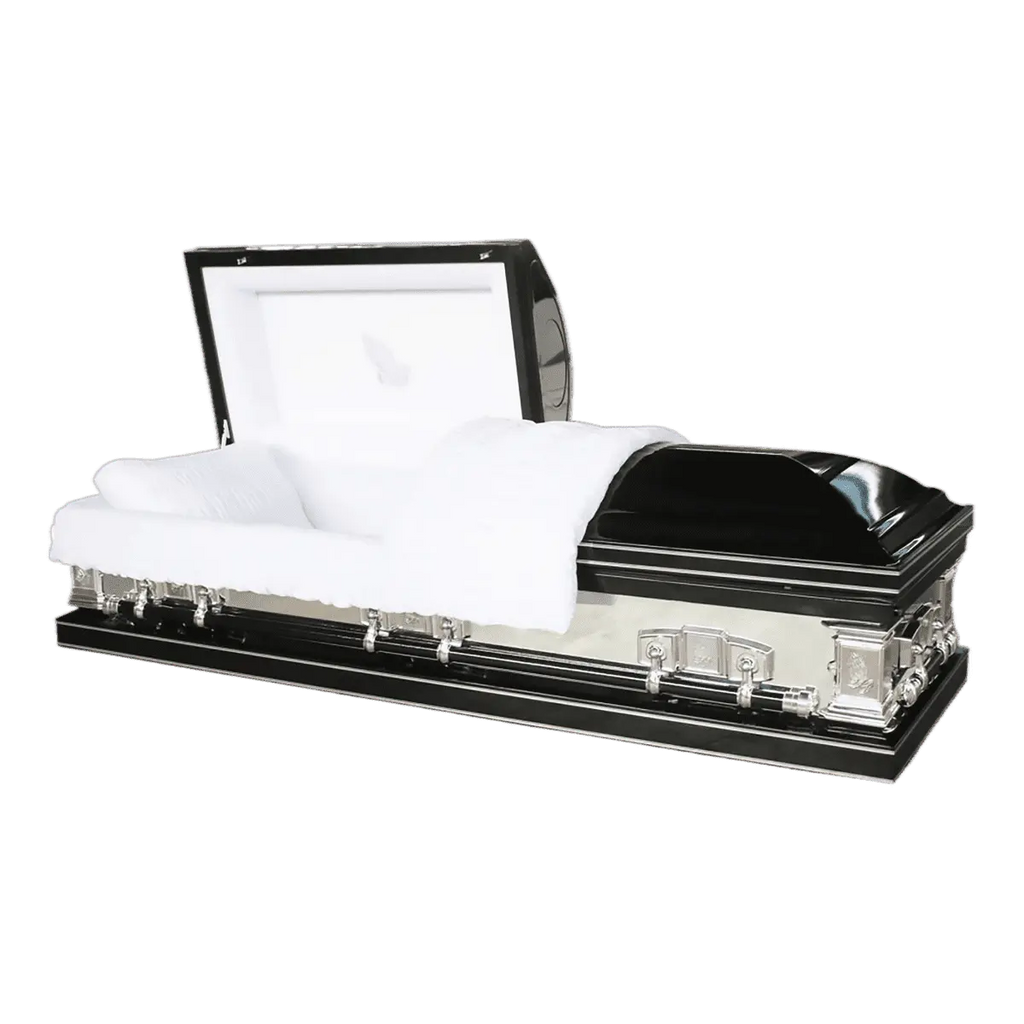 Orion Series Black Mirror casket — black 18-gauge steel with white velvet interior (view 2)