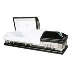 Orion Series Black Mirror casket — black 18-gauge steel with white velvet interior (view 2)