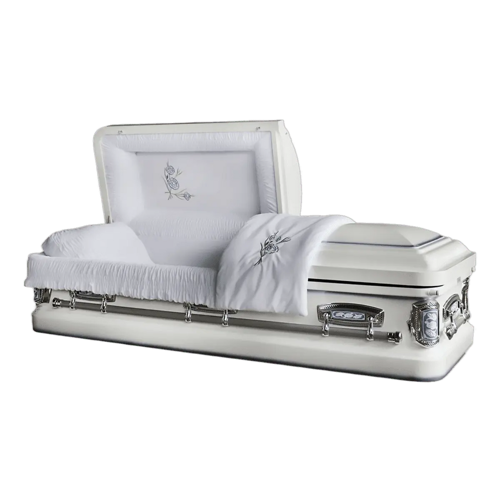 Orion Series Blue Rose casket — white 18-gauge steel with white velvet interior (view 2)