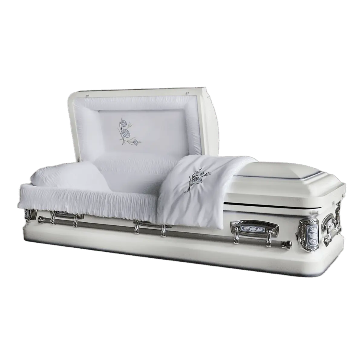 Orion Series Blue Rose casket — white 18-gauge steel with white velvet interior (view 2)
