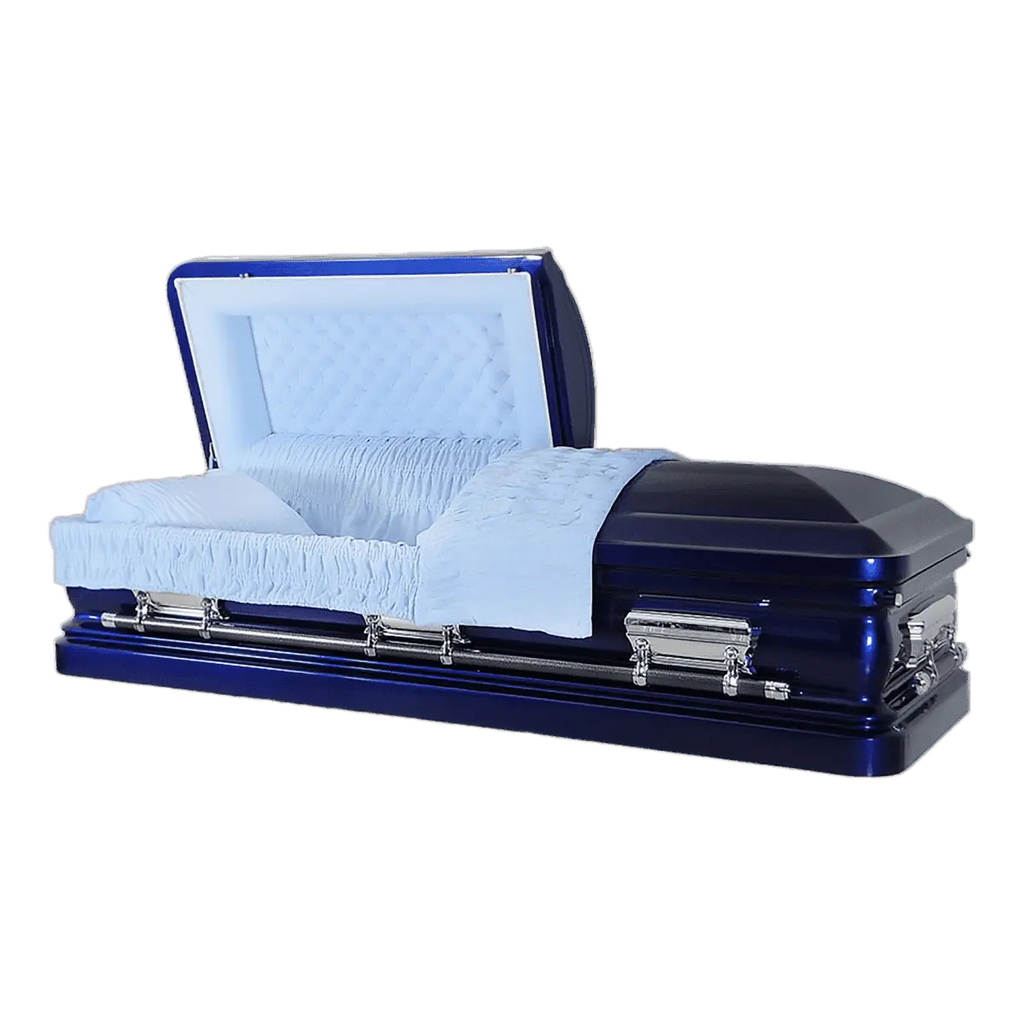 Orion Series Cobalt Blue casket — blue 18-gauge steel with blue velvet interior (view 2)