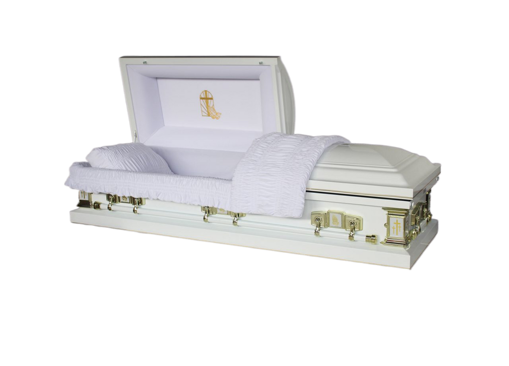 Orion Series Golden Cross casket — white 18-gauge steel with white velvet interior (view 2)