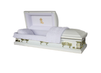 Orion Series Golden Cross casket — white 18-gauge steel with white velvet interior (view 2)