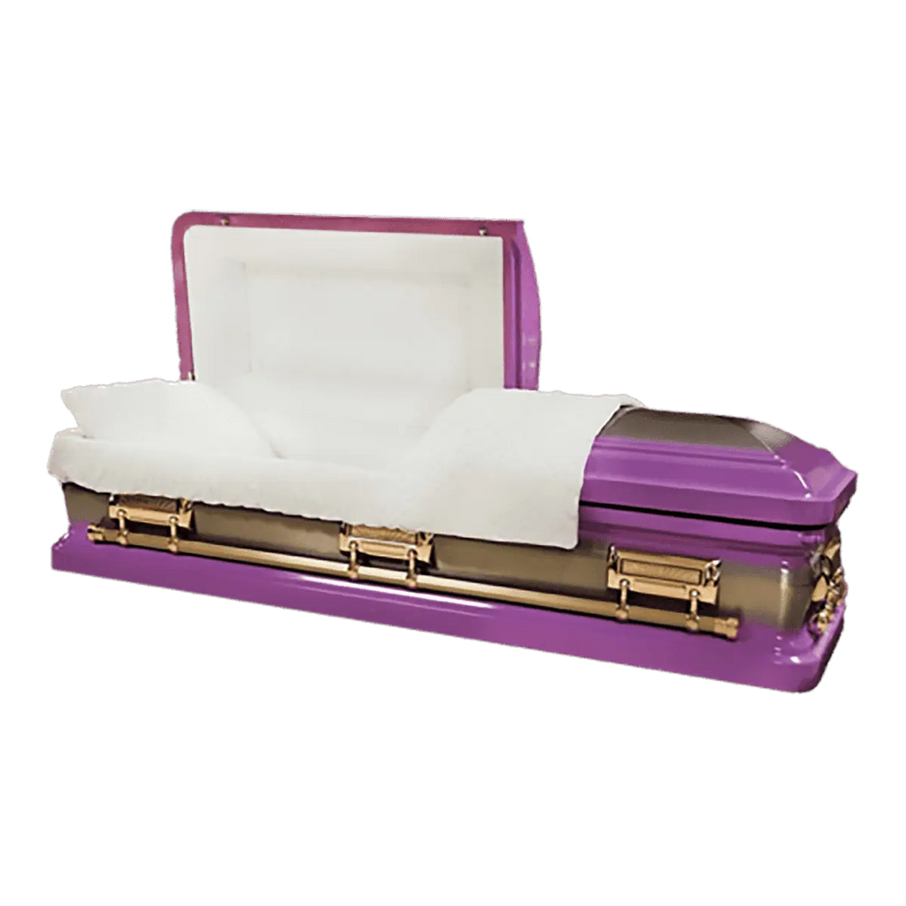 Orion Series Lilac Gold casket — purple 18-gauge steel with white velvet interior (view 2)